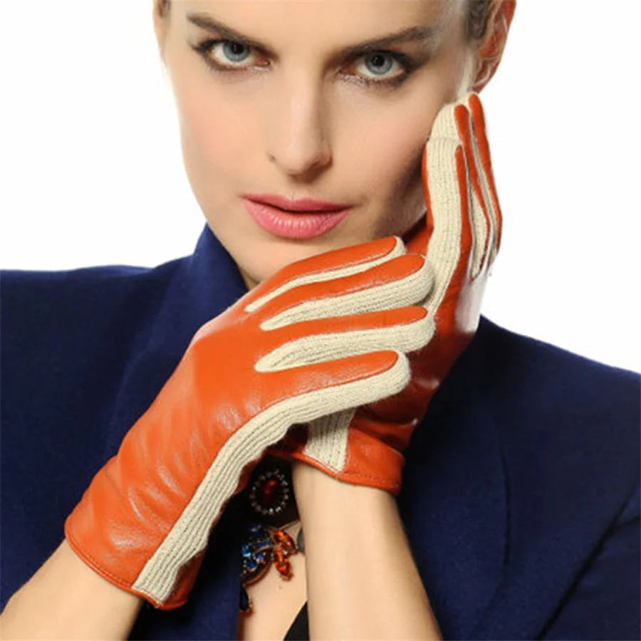 

2018 Two Tone Female Glove With Long Fleece Lining Women's Lambskin Genuine Leather Gloves Special Offer Free Shipping L131NC