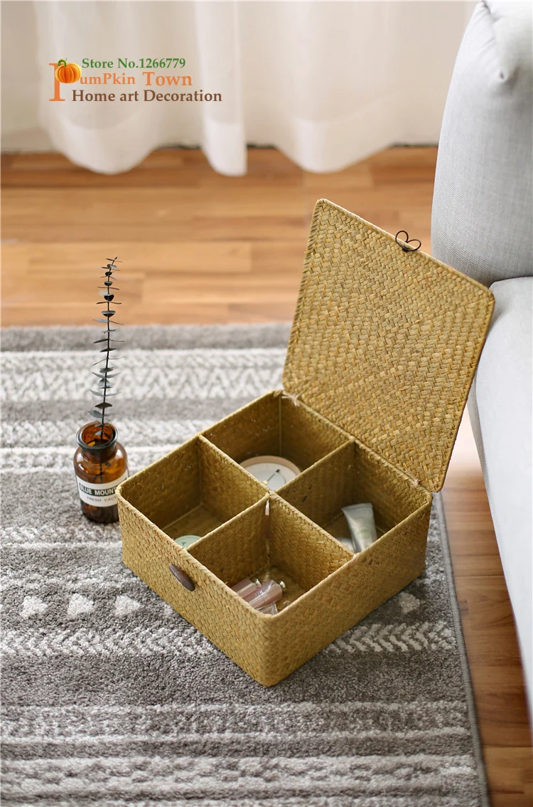 

2019 Nordic style square seaweed woven storage basket,multi-grid storage box with lid,kitchen bathroom classified storage box