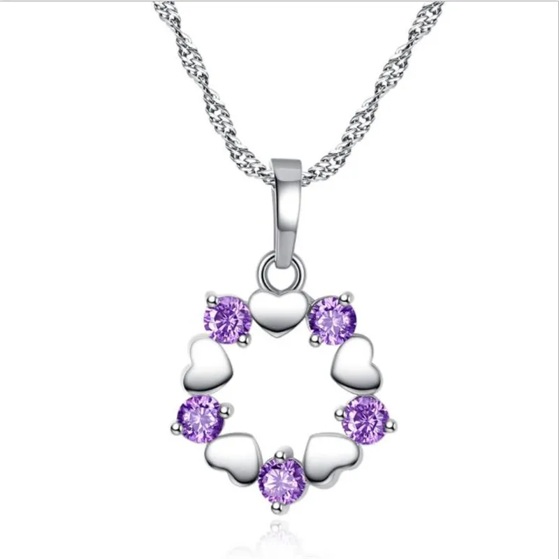 

LUKENI New Fashion 925 Sterling Silver Choker Necklace For Girl Party Accessories Charm Crystal Purple Flower Pendants Necklace