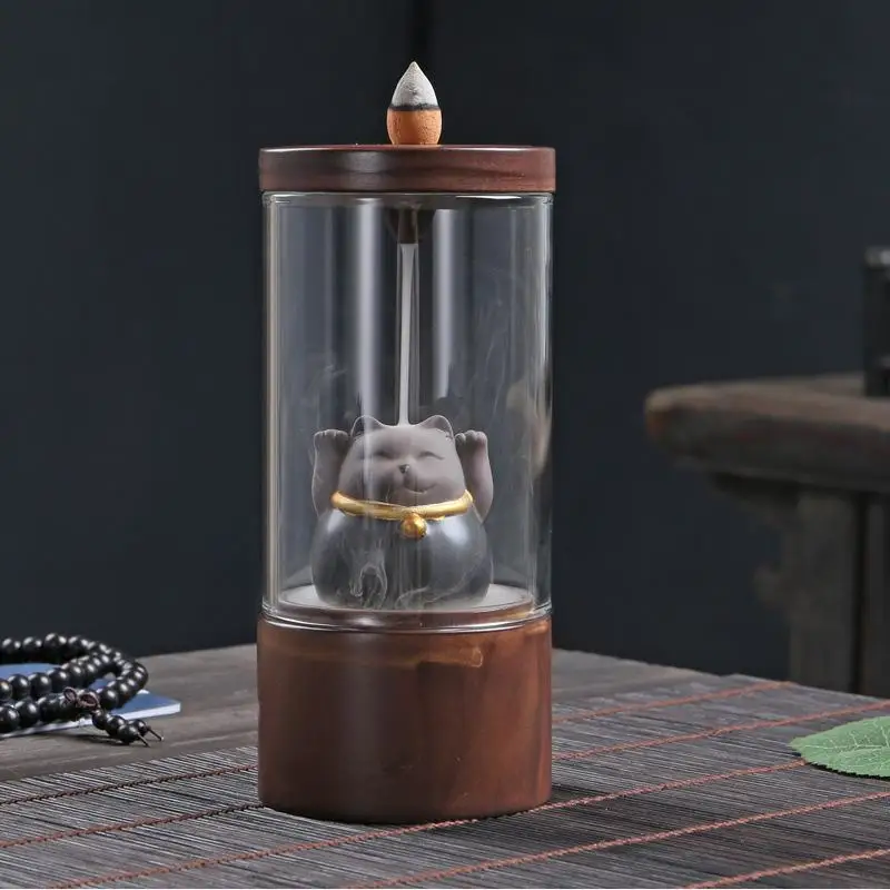 Керамическая японская курильница Lucky Cat прозрачная стеклянная крышка Водопад