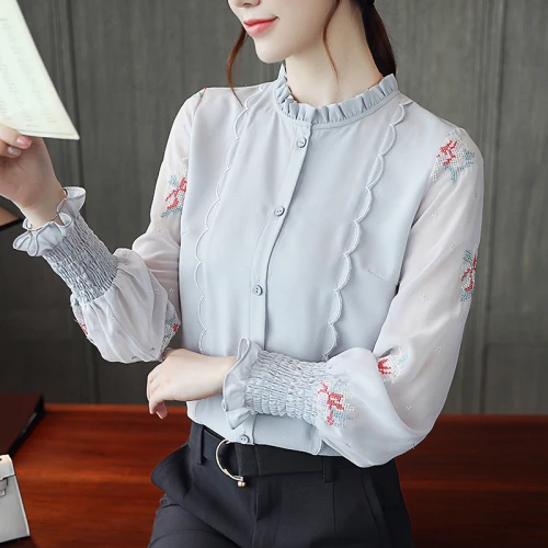 Spring Korean Version Chiffon Women Shirt 2019 New Style Autumn Stand Collar Embroidery Work Wear Female Fashion Slim Blouses |