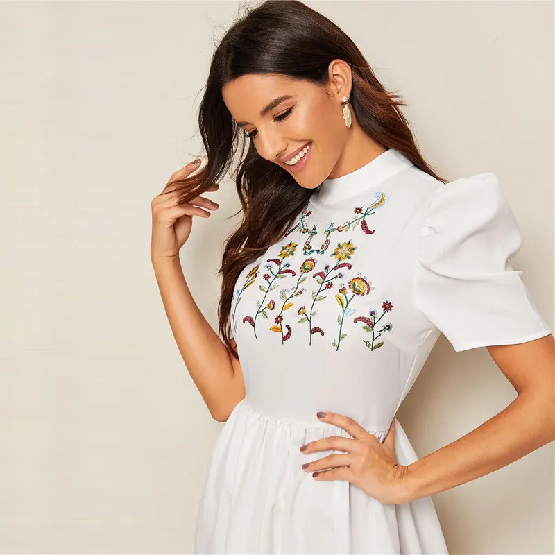 SHEIN модное платье макси с вышивкой и буфами на рукавах, женское скромное белое платье трапециевидной формы с высокой талией, женские летние длинные платья