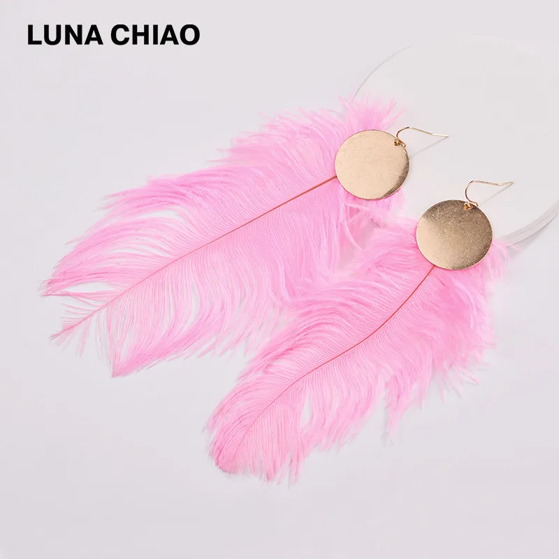 Женские большие серьги подвески LUNA CHIAO дизайнерские из страуса с крашеными