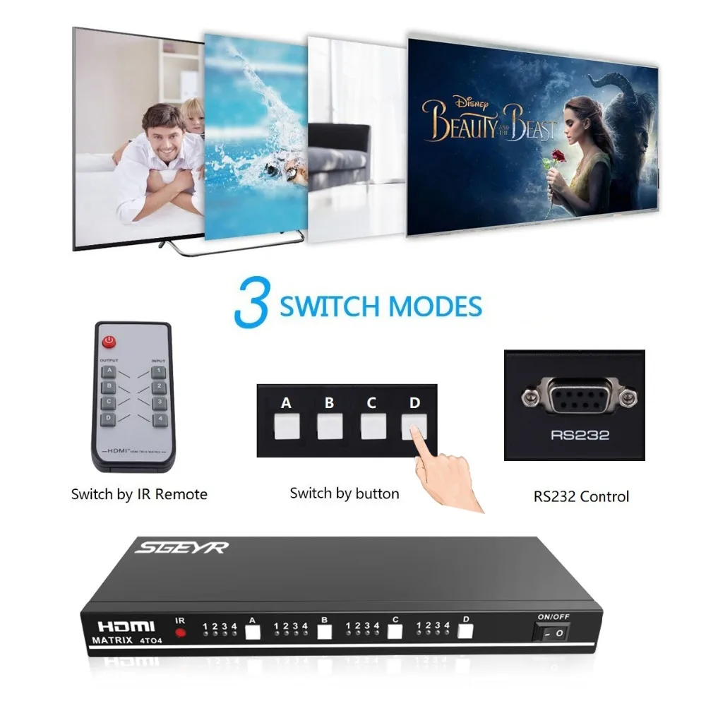 SGEYR HDMI матрица 4x4 HDMI коммутатор, переключатель 4 входа 4 выхода с ИК-пультом дистанционного управления и RS232 поддержка 1080P HD 3D