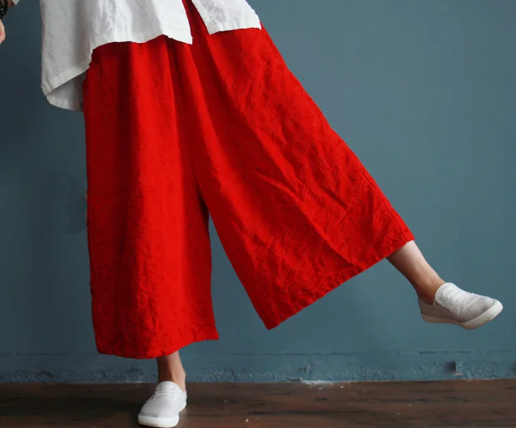 Свободные прямые яркие красные женские хлопковые льняные брюки до щиколотки с