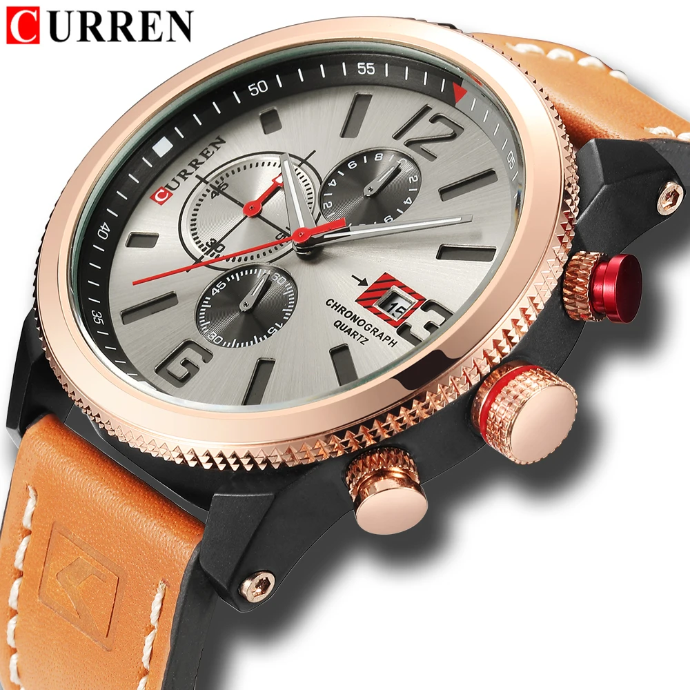 CURREN 8281, мужские часы, водонепроницаемые, Лидирующий бренд, Роскошные, с хронографом, с датой, модные, повседневные, из натуральной кожи, спортивные, военные, мужские часы
