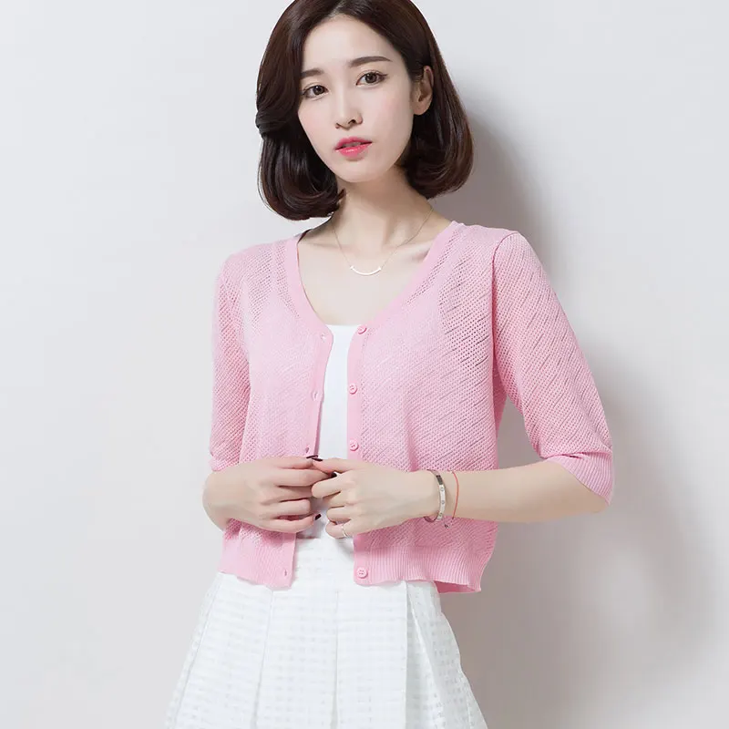 Женский льняной кардиган элегантный ажурный тонкий вязаный с v образным вырезом