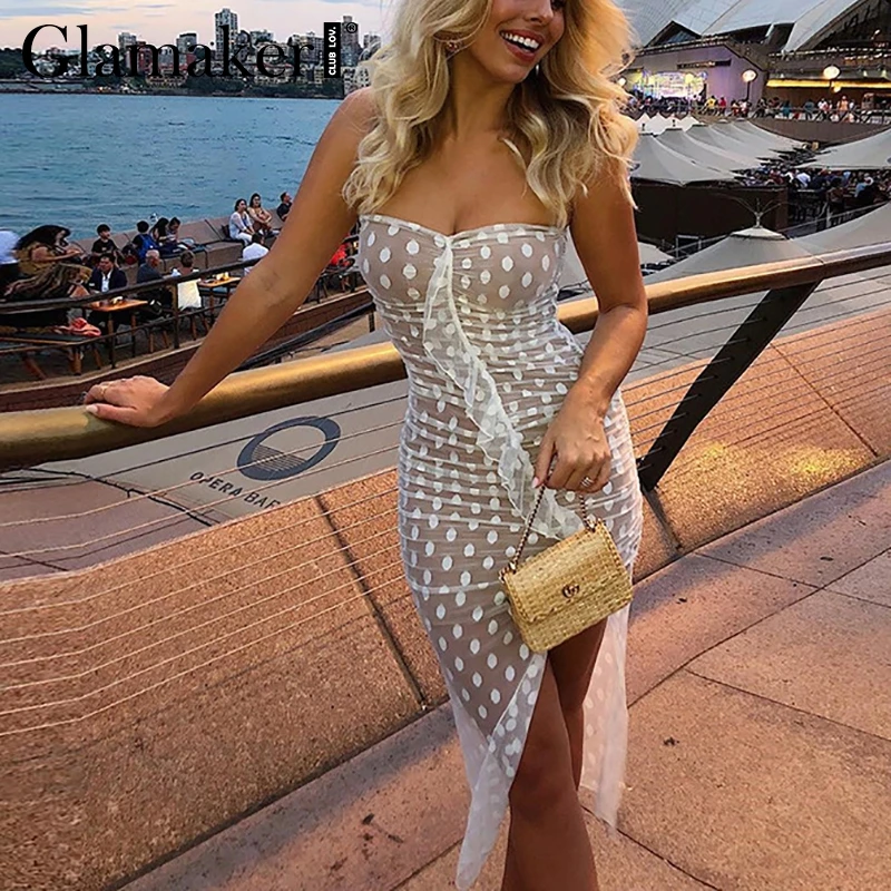 Гламурное платье с кружевными оборками в горошек bodycon платье Для женщин лeтo oткрытыe плeчи пикантное платье с разрезом женские элегантные праздничные вечерние Клубное платье