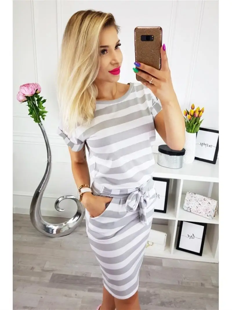 

2018 Summer Casual Dress Women Fashion Bandage Slim Short Sleeve O-Neck Striped Dress Female Vestidos WS9026X