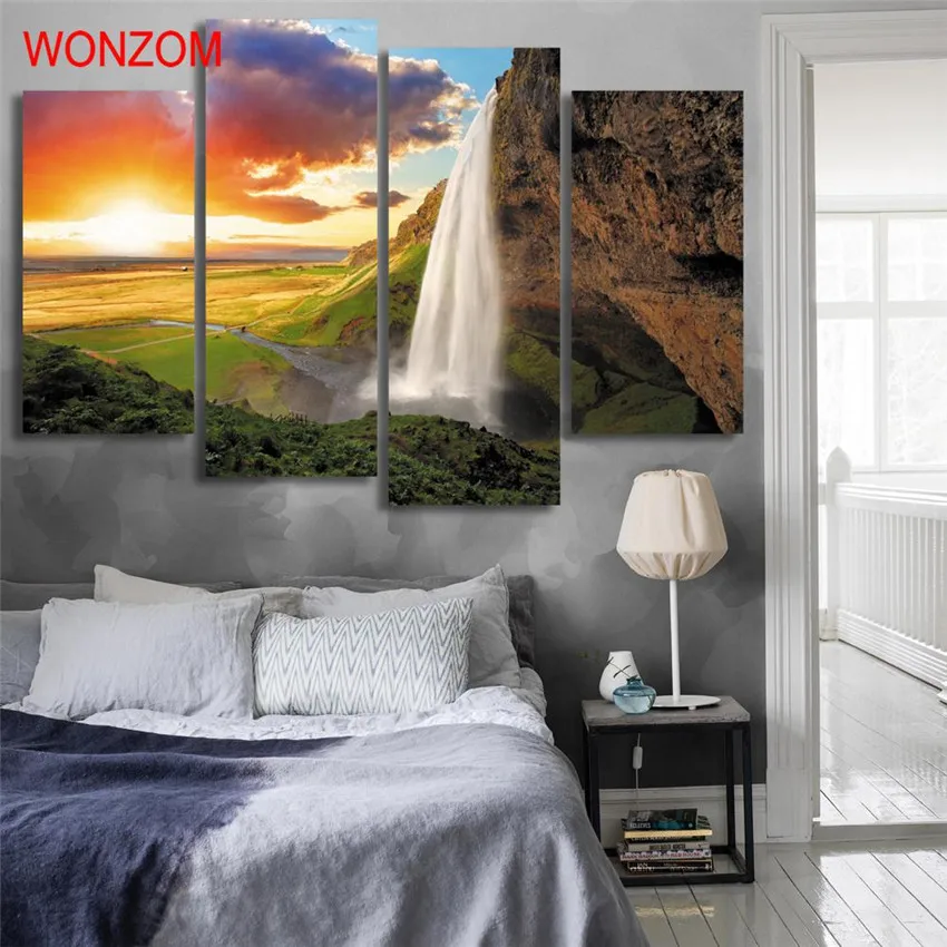 4 шт. Картина на холсте Водопад восхода солнца картина с Горным деревом