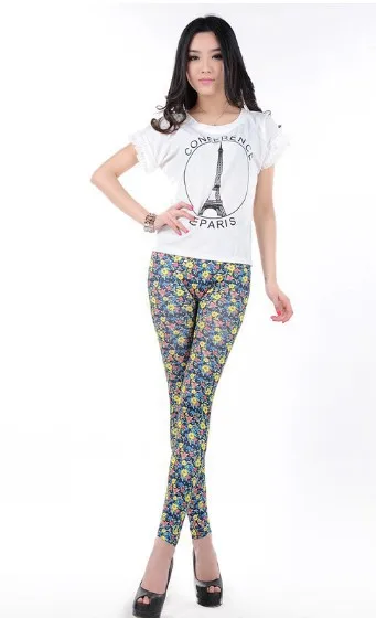 ML7605 дешевые элегантные женские леггинсы с ярко-желтым цветочным принтом |