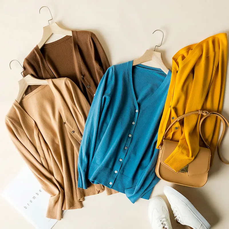 

VANGULL 2019 Spring New Casual Women V-neck bottom knit Cardigans Large size loose solid thin short sweater versatile coat
