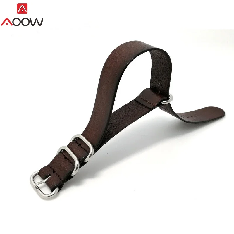 dark brown AOOW ZULU кожаный ремешок для часов NATO ремешок для часов 18 мм 20 мм 22 мм для мужчин и женщин аксессуары для часов серебряное кольцо Пряжка Замена для мужчин t - Цвет ремешка: dark brown