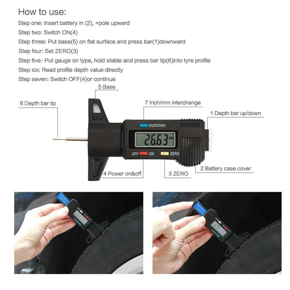 1Pc Car Digital Tyre Tire Tread Depth Tester Gauge Meter Measurer Tool Caliper LCD Display Monitoring System 0-25mm #297774 | Инструменты