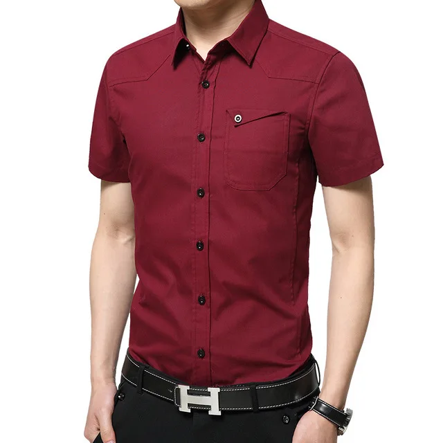 

Men's Clothes Simple Formal Pocket Mandarin Collar Solid Men Shirt Short Sleeve Black Shirts Dress Pink Casual Slim Clothing 5XL
