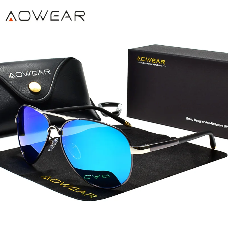 AOWEAR, фирменный дизайн, поляризационные солнцезащитные очки для мужчин, авиационное покрытие, зеркальные солнцезащитные очки для мужчин и женщин, oculos gafas lentes de sol - Цвет линз: Blue