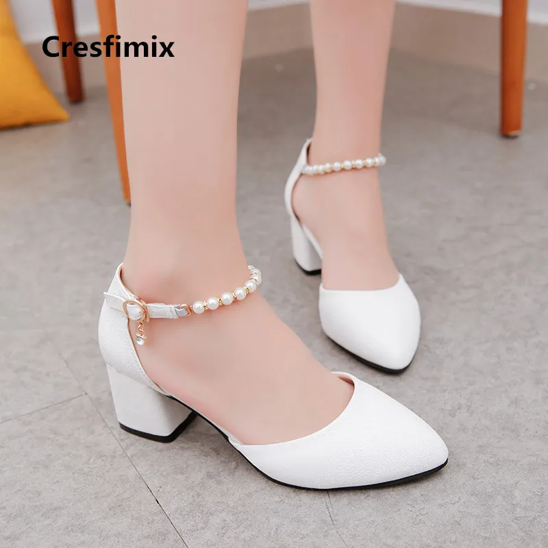 

Women Fashion White Spring Comfortable Pu Leather Pointed Toe High Heel Pumps Lady Cool Summer Sweet Square Heel Shoes E2082