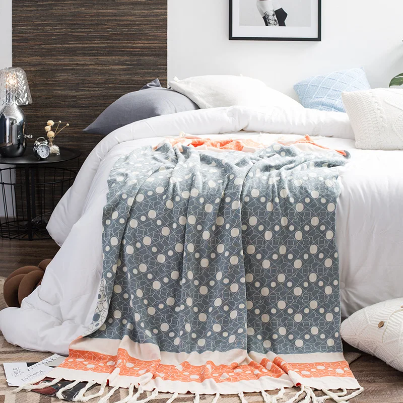 

New Geometric Pattern Knit Tassel Blanket For Beds Soft 100% Cotton Knitted Fringed Blanket Bedding Warm and Cute Nap Bedspread
