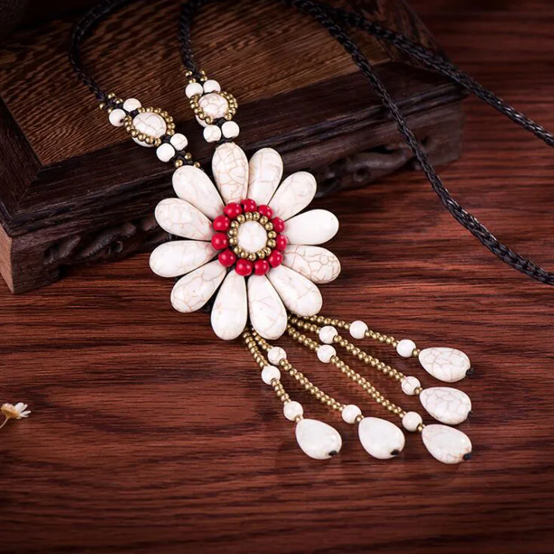 White as photo Новая мода богемное пляжное Длинное Ожерелье Bijoux старинный зеленый камень цветок ожерелье s для женщин модное ювелирное изделие - Окраска металла: White as photo
