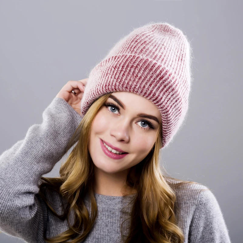 Женские зимние шапки вязаные из кроличьей шерсти и меха женские натурального 9