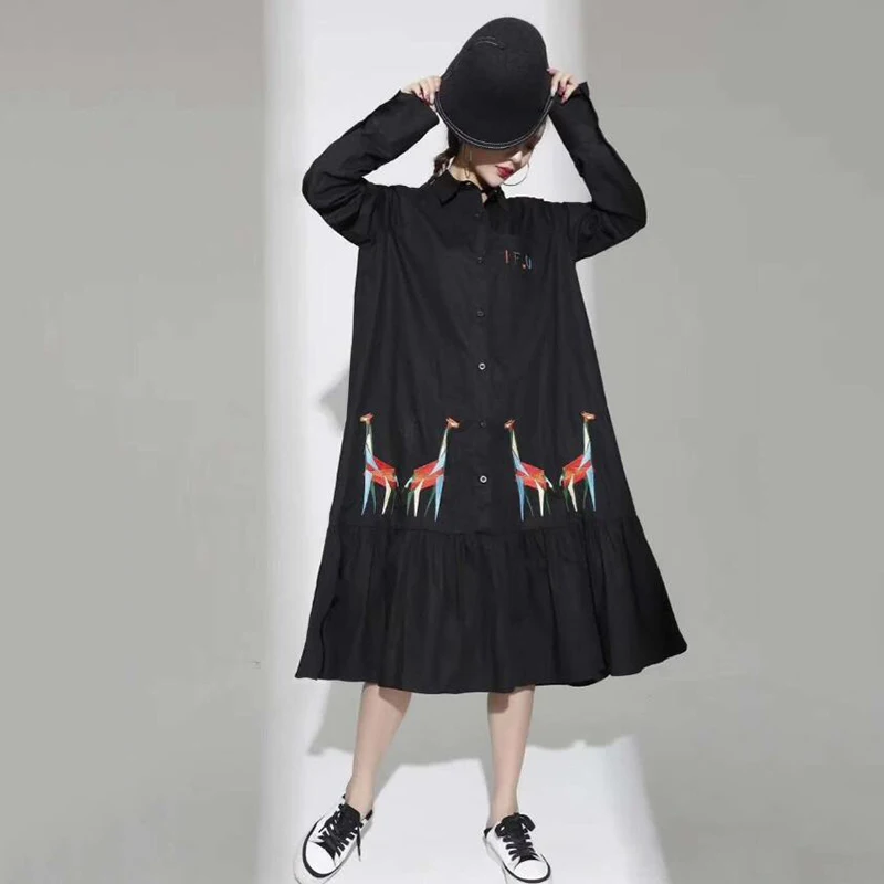 CHICEVER/осенние платья с принтом из мультфильмов для женщин отворотом длинными