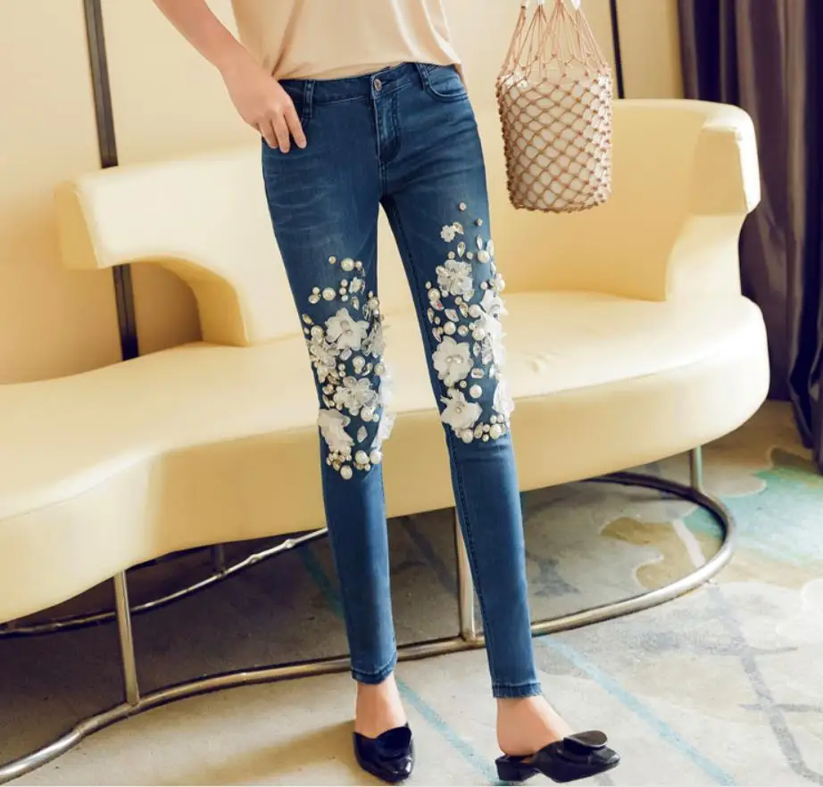Новинка 2019 брюки с бисером модные женские повседневные джинсовые Стрейчевые