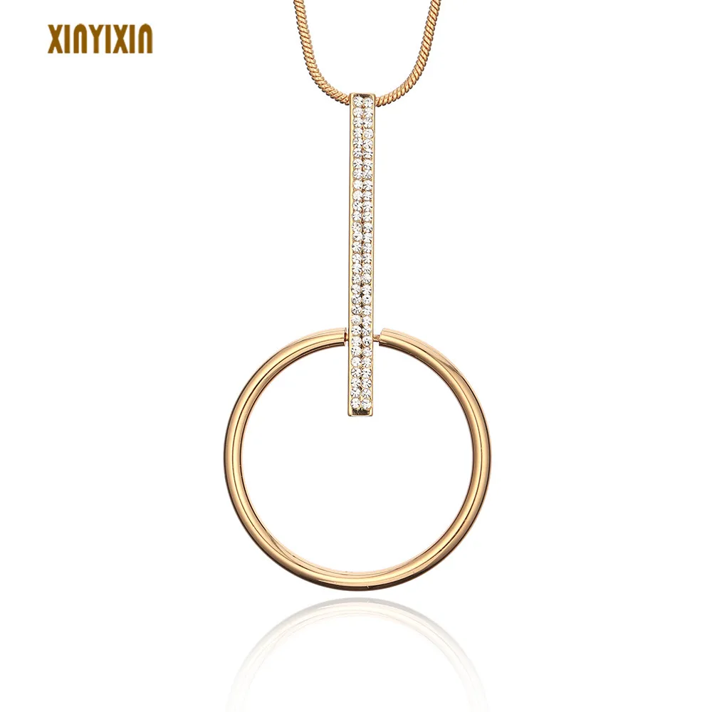 

Fashion Gold Big Round Circle Long Necklace for Women Simple Style Crystal Bar Sweater Chain Necklace Wedding Party Jewelry Gift