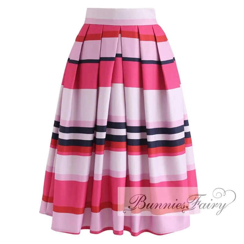 BunniesFairy Autumn Hepburn 1950s 60s Vintage Retro Stayin' Alive Colorful Pink Stripes Geometric Print Pleated Midi Skirt