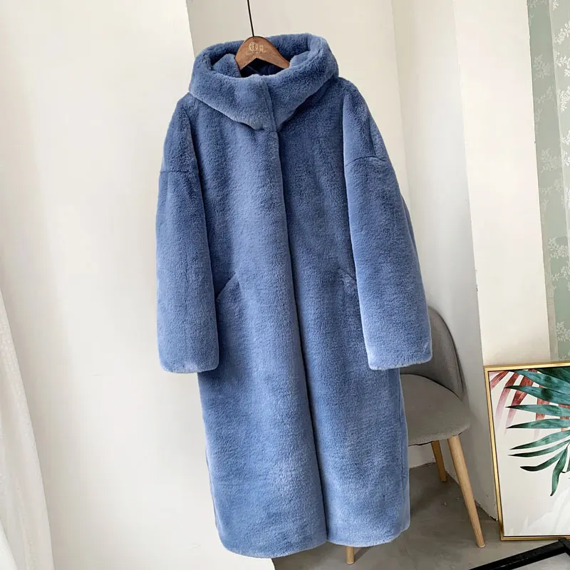 blue Зимнее женское плотное теплое пальто с капюшоном из искусственного меха норки пальто свободного размера плюс длинное пальто из искусственного меха Верхняя одежда 354 - Цвет: blue