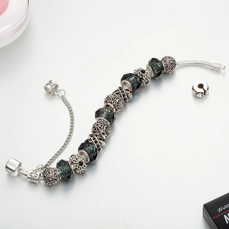 ANNAPAER дропшиппинг колье bracciali Donna серебряный цвет Амулеты Браслет с подвесками Черный Кристалл Бусины Подходит ПАН браслет для женщин B18018