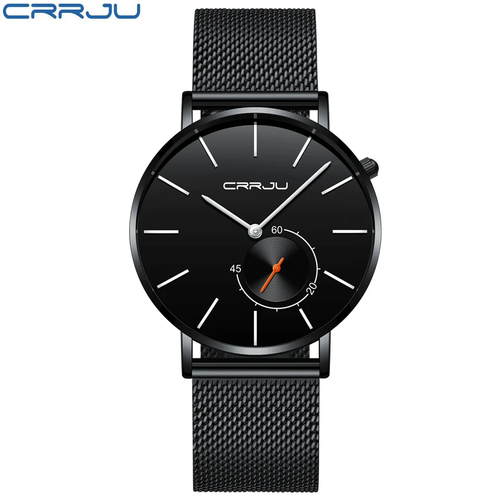 black black silver Новые модные простые мужские часы CRRJU уникальный дизайн черные повседневные кварцевые часы мужские роскошные деловые наручные часы Zegarek Meskie - Цвет: black black silver
