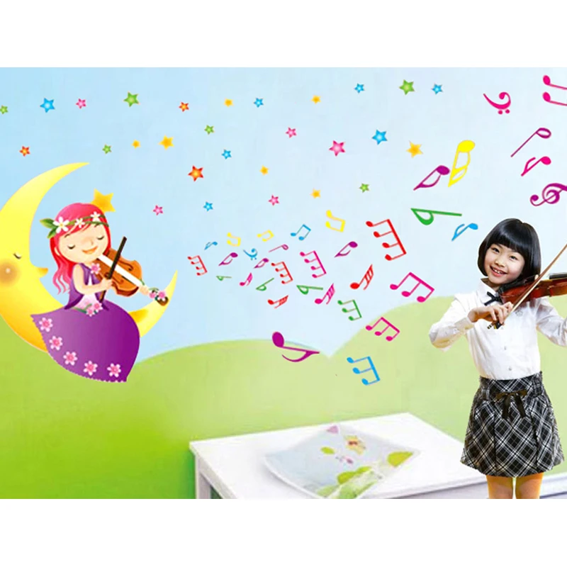 Cartoon Violin Girl Moon Boat Music Notes Wall Sticker For Kids Room Decal Child Background Stickers DIY Art Poster | Дом и сад