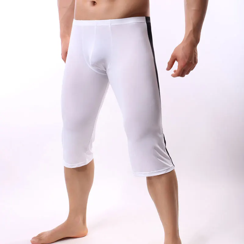 

Men's Sexy Ice Silk U Convex Pouch Pants Sexy Half Long Pants Transparent Patchwork Tights Leggings For Cool Male Gay wear F13
