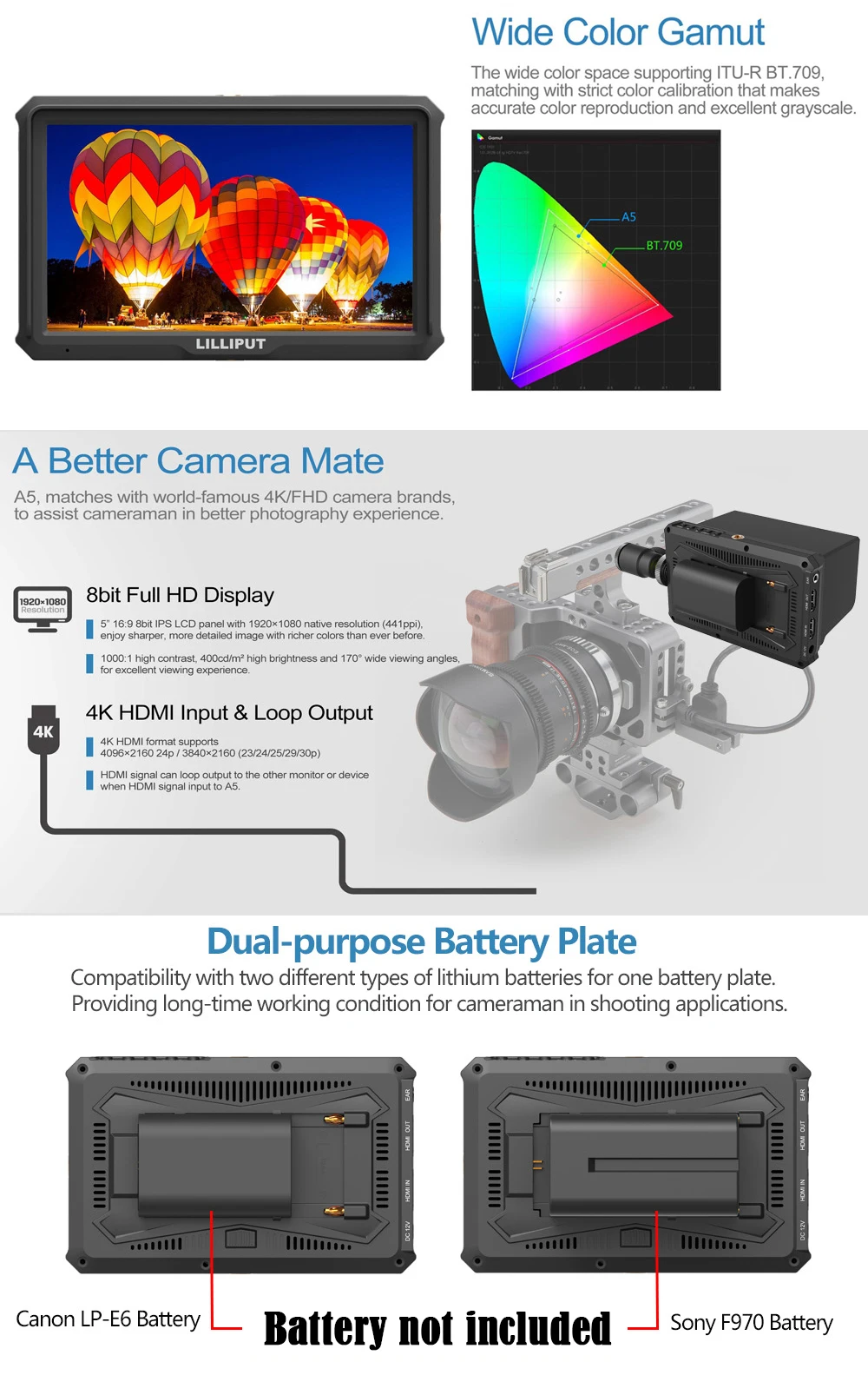 LILLIPUT A5 " ips Full HD ультратонкий 1920x1080 4K HDMI накамерный полевой монитор для Canon Nikon sony DSLR камеры DSLR Gimbal Rig