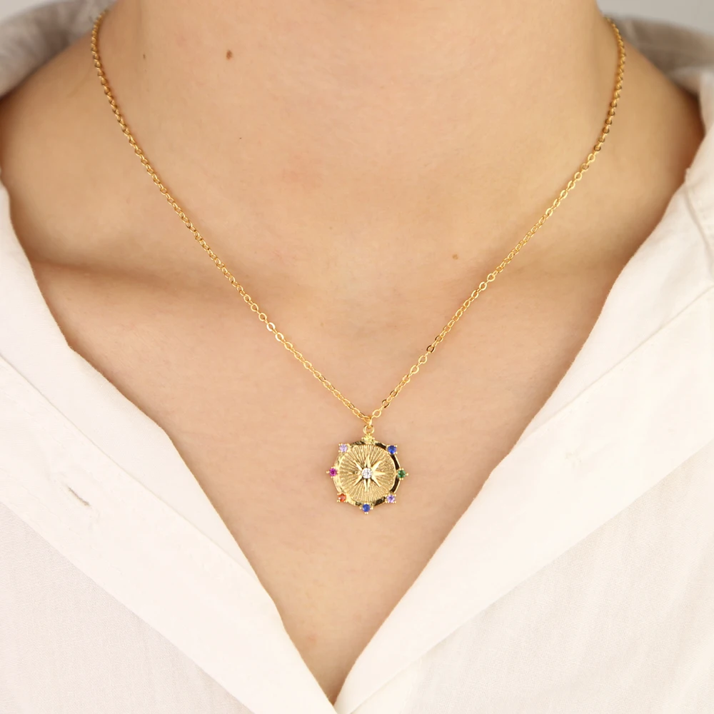 Женское ожерелье с подвеской монеткой радужным кубическим цирконием|Цепочки| |