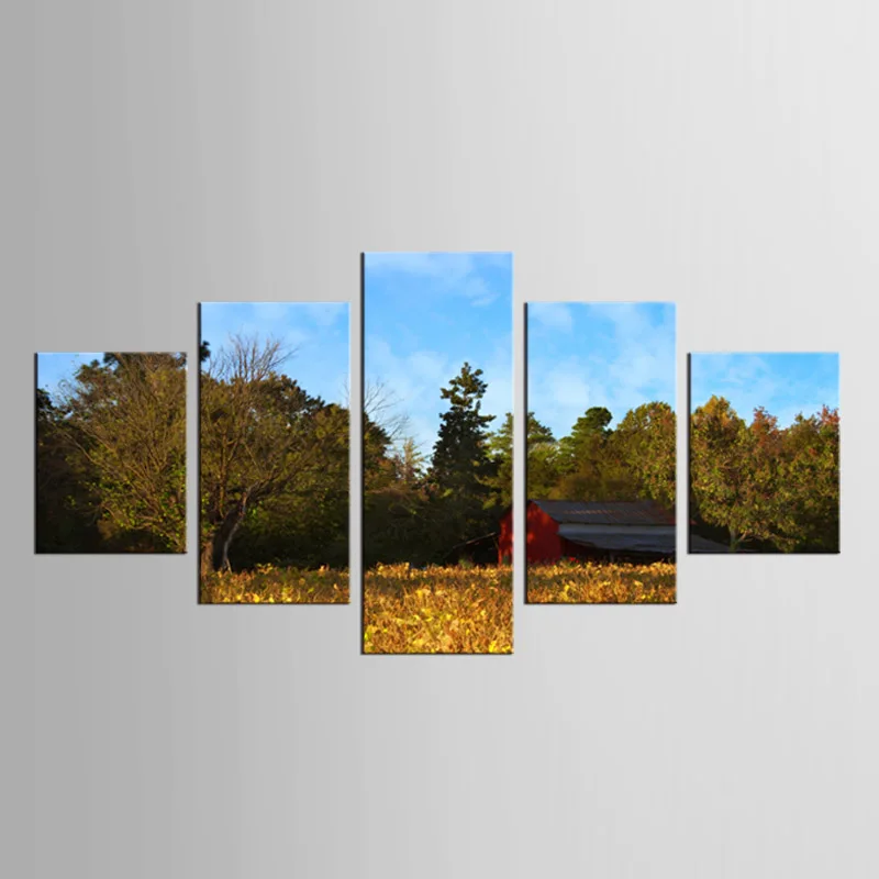Пятипанельная живопись осеннего дерева с листьями, изображение искусства, декор для дома, постеры для гостиной, печать на большом холсте.