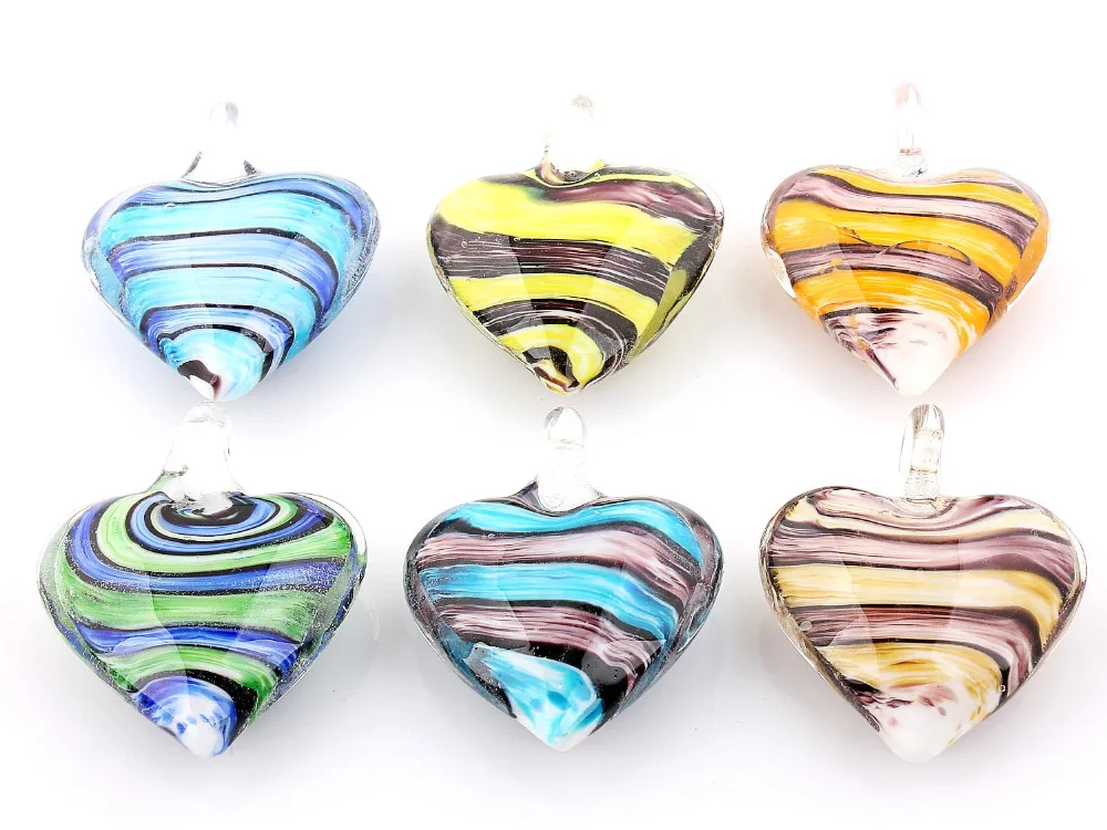 Wholesale 6pcs handmade Murano Lampwork Glass Mix Color Stripe Heart Pendant Fit Necklace Hot Jewelry gift p0046 | Украшения и