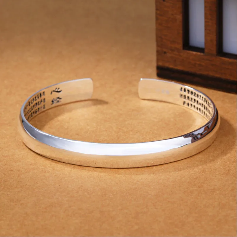 Real Pure 999 Silver Buddhist Heart Sutra Bangle Glossy Cuff Bracelet Femme Argent Scripture Bracelet Chinese Religious Jewelry