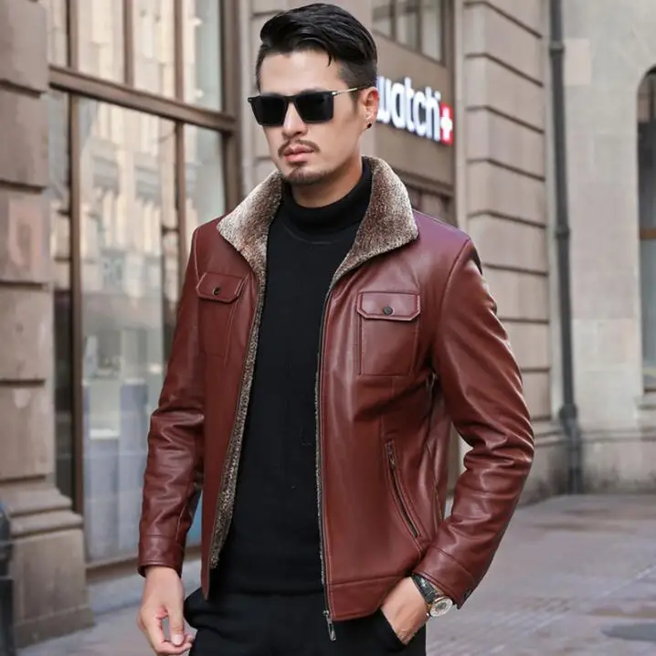 

2022 Winter New Men's Fashion Business Casual Outerwear Costume Men Natural PU Leather Jacket mens Long-sleeve Fur Coat jackets