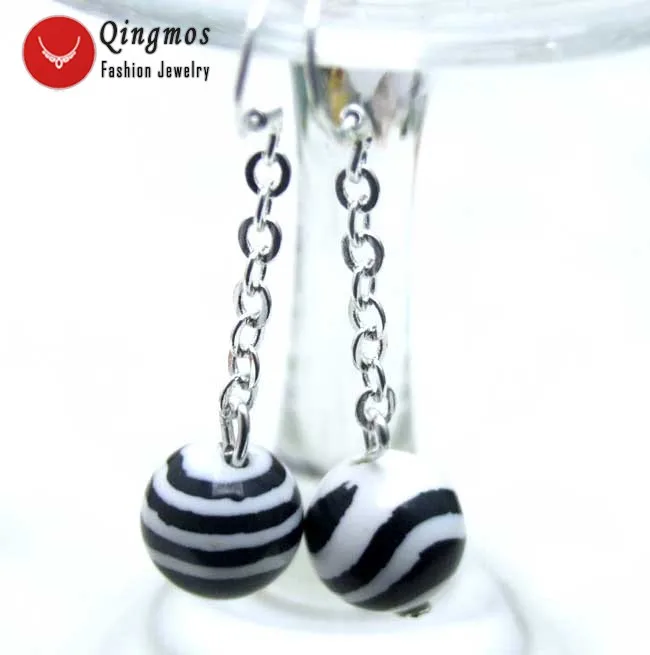 Qingmos Red Natural Agates Earrings for Women with 10mm Zebra Stripe Round Dangle Silver Earring Hook Jewelry Ear320 | Украшения и