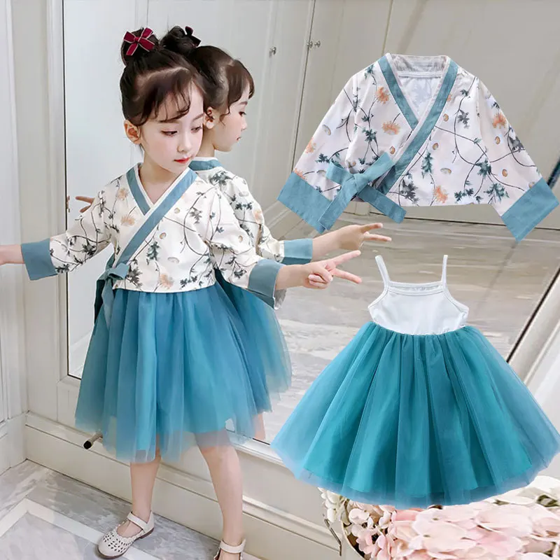 Hanfu/комплект одежды для девочек, коллекция года, новое весеннее детское пышное платье принцессы с длинными рукавами+ пальто, костюмы из 2 предметов для девочек, китайский style2-10T
