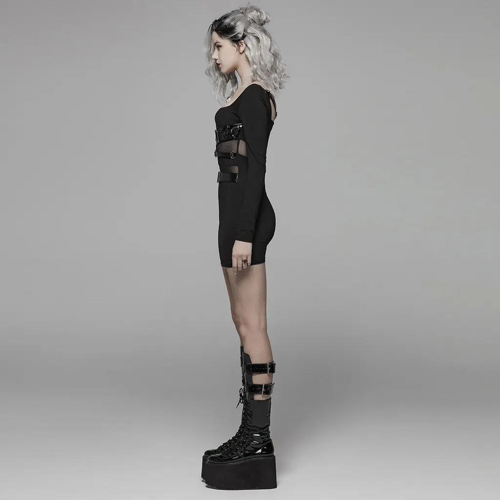Женское прозрачное черное платье в стиле панк с длинными рукавами и ремнями Goth