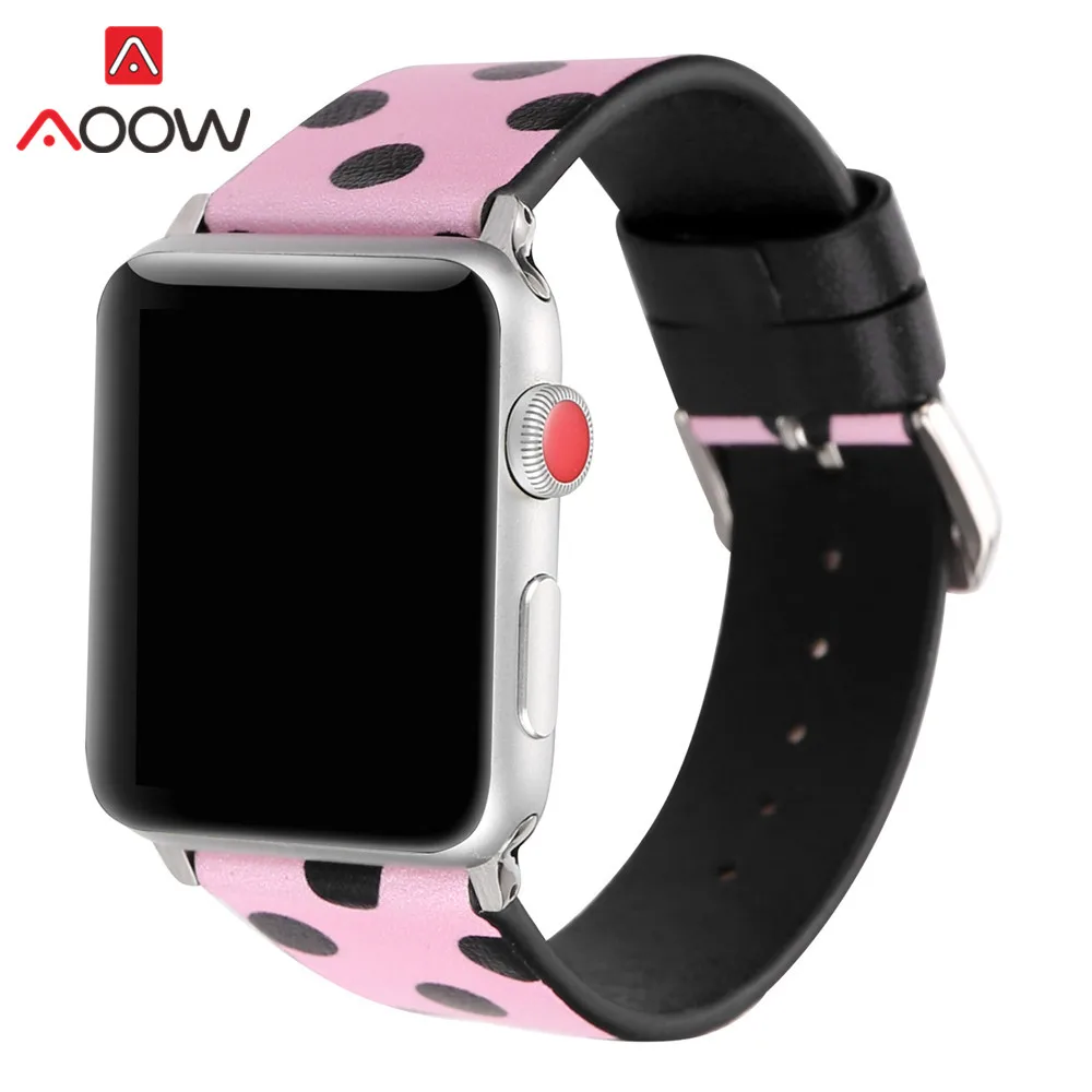 Кожаный ремешок для часов Apple Watch 40 мм 44 мм 38 мм 42 мм черный белый розовый узор в горошек браслет ремешок для iWatch 1 2 3 4