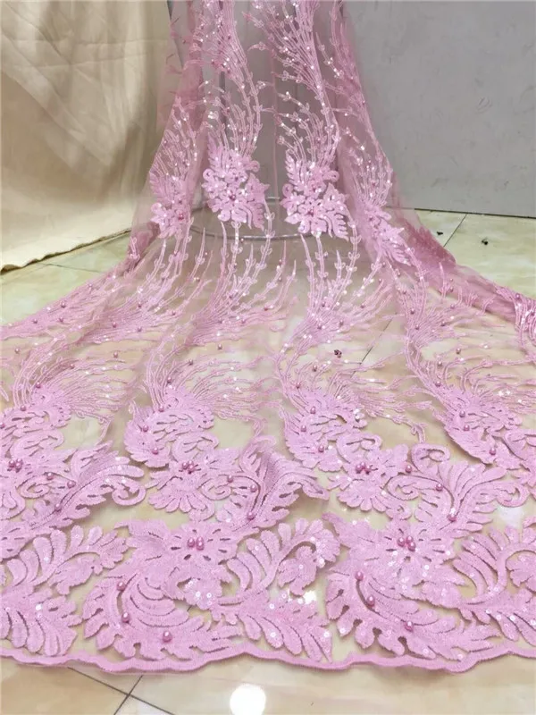 

Nigerian laces Fabric 2019 Gold African beads Cord Laces Fabrics With Sequins High Quality Nigerian Lace For Wedding Dress pink