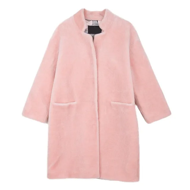 5 Light Pink Новая дизайнерская женская шуба из натурального меха, шуба из меха овцы, плюшевое пальто со стоячим воротником, зимняя куртка из овчины, шуба из овчины - Цвет: 5 Light Pink