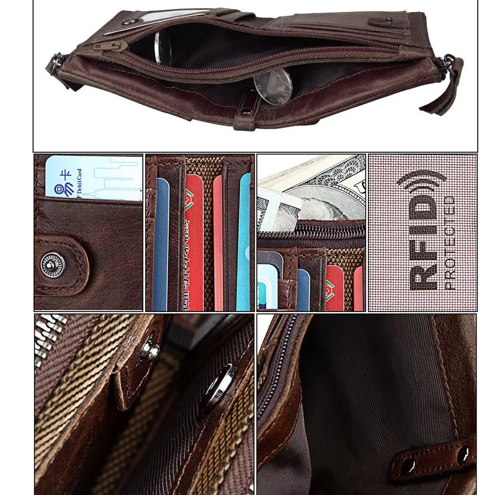 Banabanma Genuine Wallet Cowhide Leather Men Wallets Double Zipper Short Purse Coin Pockets Anti RFID Card Holders Wallet Men 40