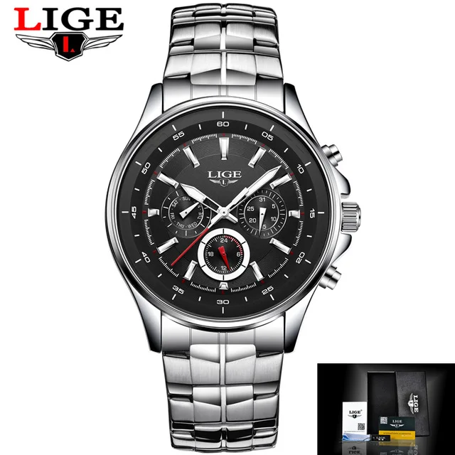 silver black steel Топ бренд класса люкс LIGE часы для мужчин Бизнес водонепроницаемые часы для мужчин s часы Модные Повседневные Спортивные кварцевые наручные часы Relogio Masculino - Цвет: silver black steel