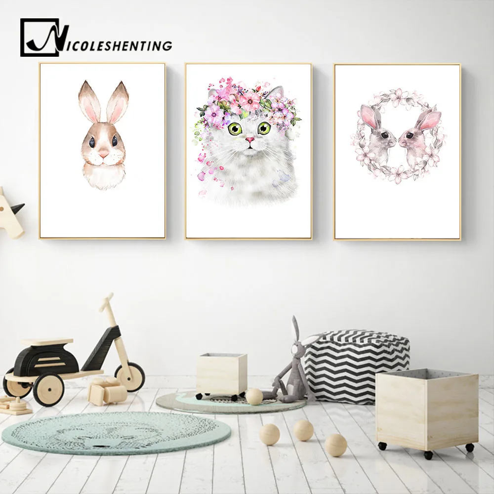 Kawaii кролика кошка питомник Холст плакат печать на холсте стены Книги по
