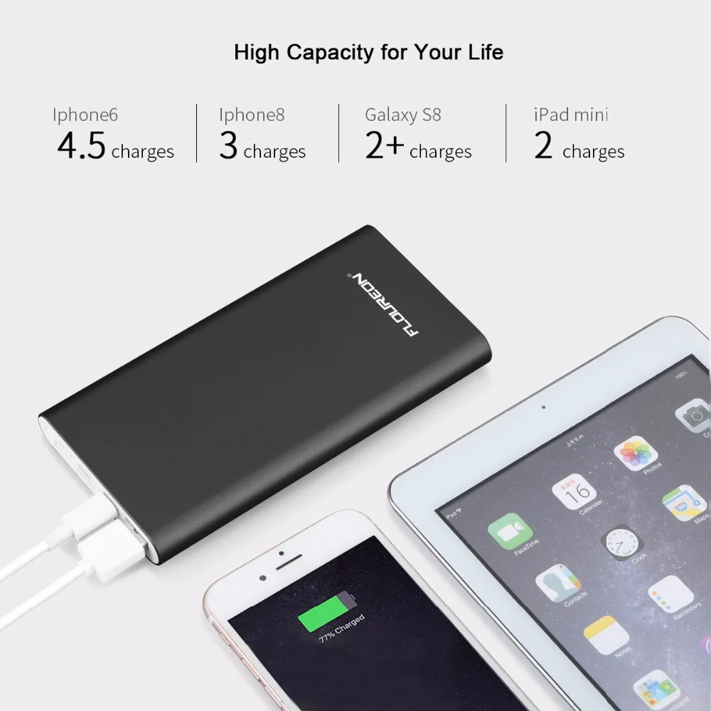 Floureon power Bank 12000 мАч 2GN-C 3A выход Dual usb type C освещение внешнее зарядное устройство для iPhone X iPad смартфонов
