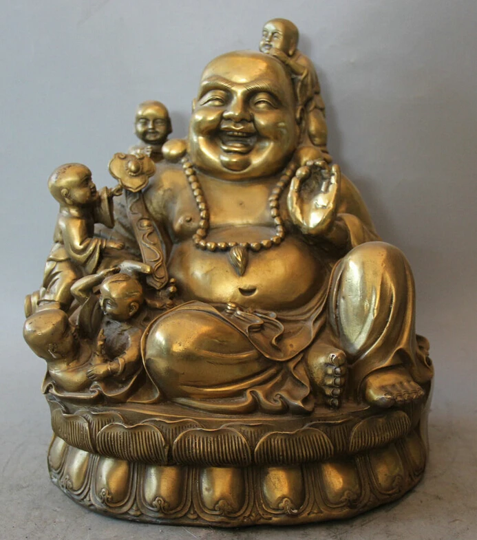 

fast shipping USPS to USA S2124 11" Chinese Brass Ru Yi Tong Zi Boy moneybag Happy Laugh Maitreya Buddha Statue